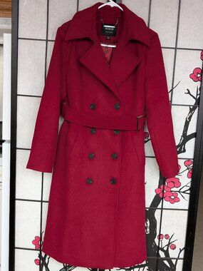 Escalier  Trench Coat  burgundy wool blend  double‑breasted belted, size S